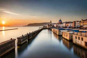 puesta de sol terminado el Puerto de Burdeos, Francia. generado por ai foto