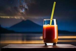 a glass of orange juice with a straw on a table. AI-Generated photo