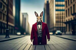 a rabbit wearing a red coat and tie standing on a street. AI-Generated photo