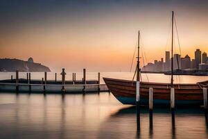 barcos atracado a el muelle a puesta de sol en el ciudad. generado por ai foto