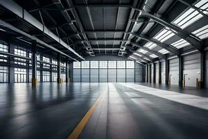 an empty warehouse with large windows and a large door. AI-Generated photo