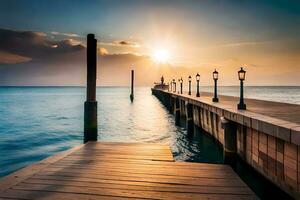 a pier with a wooden walkway and a sun setting over the water. AI-Generated photo