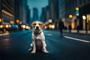 a dog sitting on the street in the middle of a city. AI-Generated photo