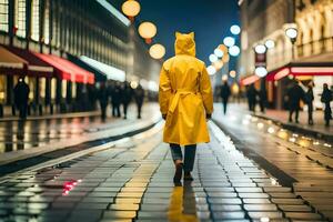 a person in a yellow raincoat walking down a street at night. AI-Generated photo