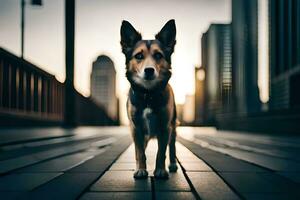 a dog standing on a wooden walkway in front of a city. AI-Generated photo