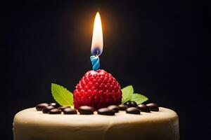 birthday cake with candle and raspberry on black background. AI-Generated photo