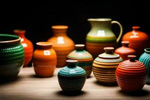 a group of colorful vases sitting on a table. AI-Generated photo