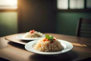 two plates with rice and vegetables on a table. AI-Generated photo