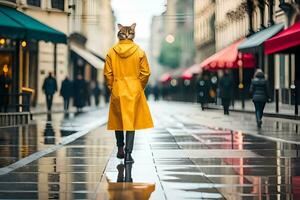 a person in a yellow raincoat walking down a street. AI-Generated photo