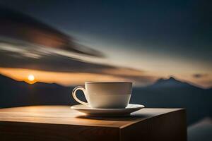 coffee cup on wooden table with mountains in the background. AI-Generated photo