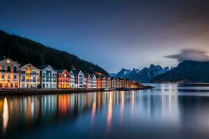 vistoso casas en el agua a noche en Noruega. generado por ai foto