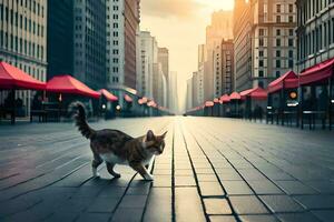 un gato caminando a través de un ciudad calle en el medio de el día. generado por ai foto