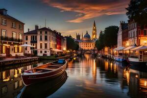 a boat is docked in a canal at sunset. AI-Generated photo