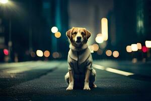 a dog sitting on the street at night. AI-Generated photo