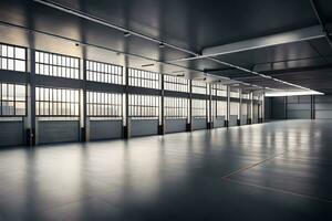 an empty warehouse with large windows and a large door. AI-Generated photo