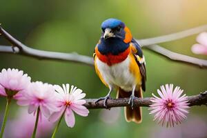 un vistoso pájaro se sienta en un rama con rosado flores generado por ai foto