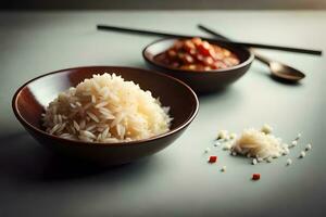 two bowls of rice with chopsticks and sauce. AI-Generated photo