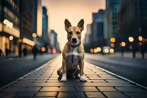 a dog sitting on the street in the city. AI-Generated photo