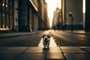 un pequeño perro en pie en el calle en frente de edificios generado por ai foto