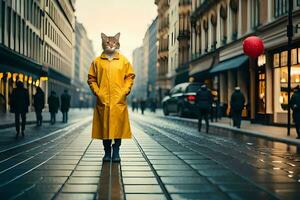 a cat wearing a yellow raincoat standing on a street. AI-Generated photo