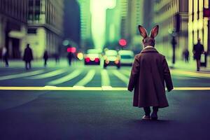 a rabbit wearing a coat and hat walking down the street. AI-Generated photo