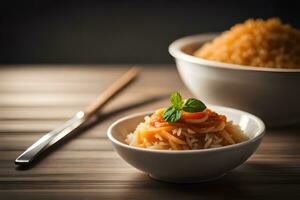 chopsticks and bowl of rice on wooden table. AI-Generated photo