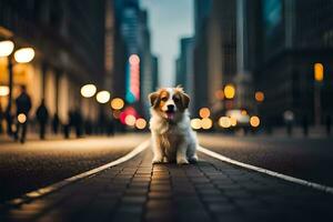 a dog sitting on the street in a city at night. AI-Generated photo