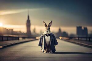 a rabbit wearing a suit and tie standing on a bridge. AI-Generated photo