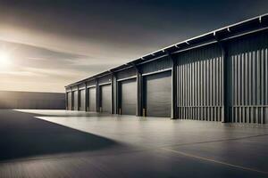 industrial warehouse with garage doors and sun shining. AI-Generated photo