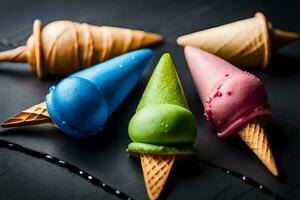 colorful ice cream cones on a black background. AI-Generated photo