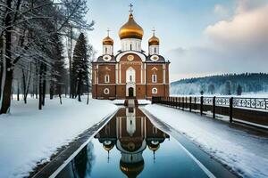 un Iglesia en el nieve con un reflejando piscina. generado por ai foto