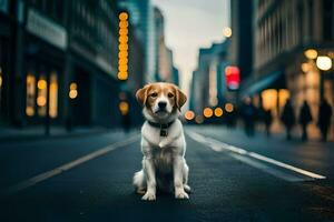 a dog sitting on the street in the middle of a city. AI-Generated photo