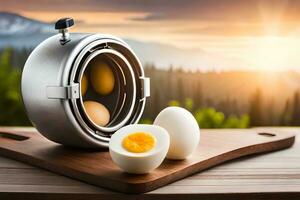 an egg is sitting on a cutting board next to a metal egg cooker. AI-Generated photo