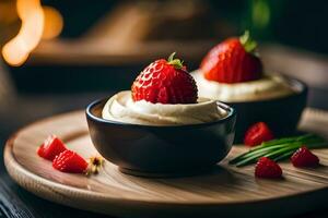 two bowls with whipped cream and strawberries. AI-Generated photo