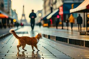 a cat walking across a city street with people in the background. AI-Generated photo