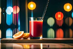 a glass of juice with a straw on a table in front of a colorful background. AI-Generated photo