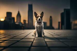 a dog sitting on a brick floor in front of a city skyline. AI-Generated photo