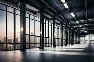 an empty warehouse with large windows and a city skyline. AI-Generated photo