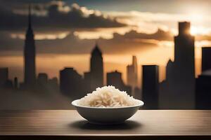 rice bowl with cityscape background. AI-Generated photo