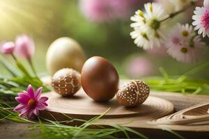 easter eggs on a wooden board with flowers and grass. AI-Generated photo