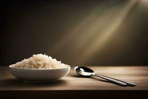 white rice in bowl on wooden table with spoon and light background. AI-Generated photo