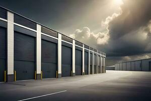 a large warehouse with dark clouds in the sky. AI-Generated photo