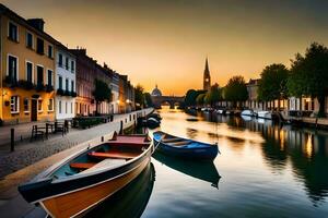 boats are docked on a canal at sunset. AI-Generated photo