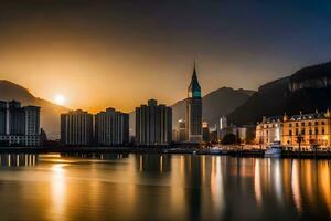 the sun rises over the city of hong kong. AI-Generated photo