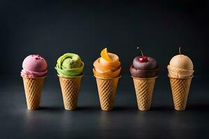 six different flavors of ice cream in cones on a black background. AI-Generated photo