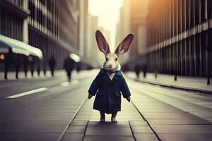 a rabbit dressed in a suit and tie standing on a street. AI-Generated photo