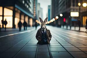 a rabbit wearing a suit and tie sits on the ground. AI-Generated photo