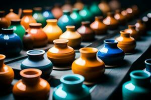 many colorful vases are lined up on a table. AI-Generated photo