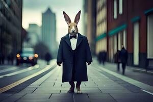 a rabbit dressed in a suit and tie standing on a city street. AI-Generated photo