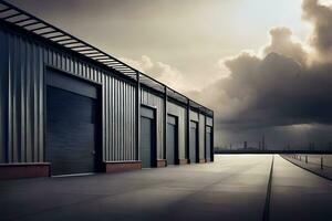 a large industrial building with two doors and a cloudy sky. AI-Generated photo